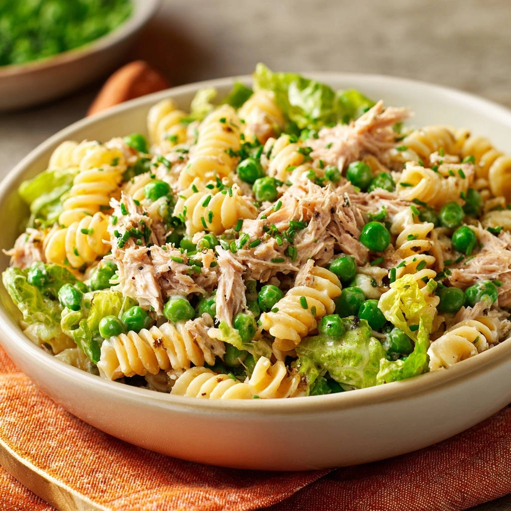 Cremiger Thunfisch-Nudelsalat, serviert in einer Schüssel. Eine Nahaufnahme zeigt die cremige Konsistenz mit Erbsen und frischen Kräutern.