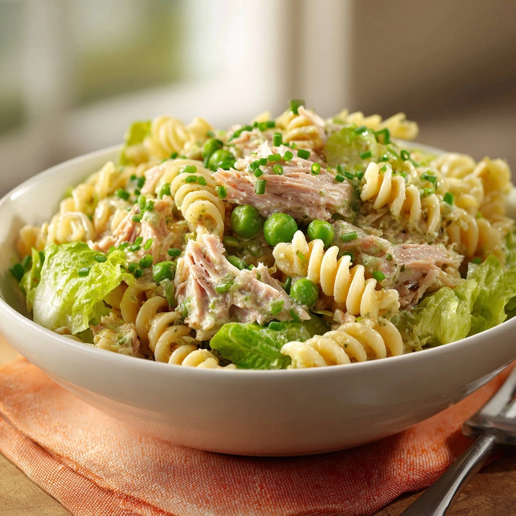Cremiger Thunfisch Nudelsalat Nahaufnahme 1 Cremiger Thunfisch-Nudelsalat in einer weißen Schüssel, Nahaufnahme des cremigen Pasta-Salats mit Erbsen, Thunfisch und frischen Kräutern.