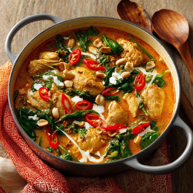 Cremiges Erdnuss-Hähnchen-Curry mit Spinat in einer Pfanne, garniert mit Erdnüssen und frischen Chilischoten, draufsicht. Ein köstliches Gericht mit zartem Hähnchen.