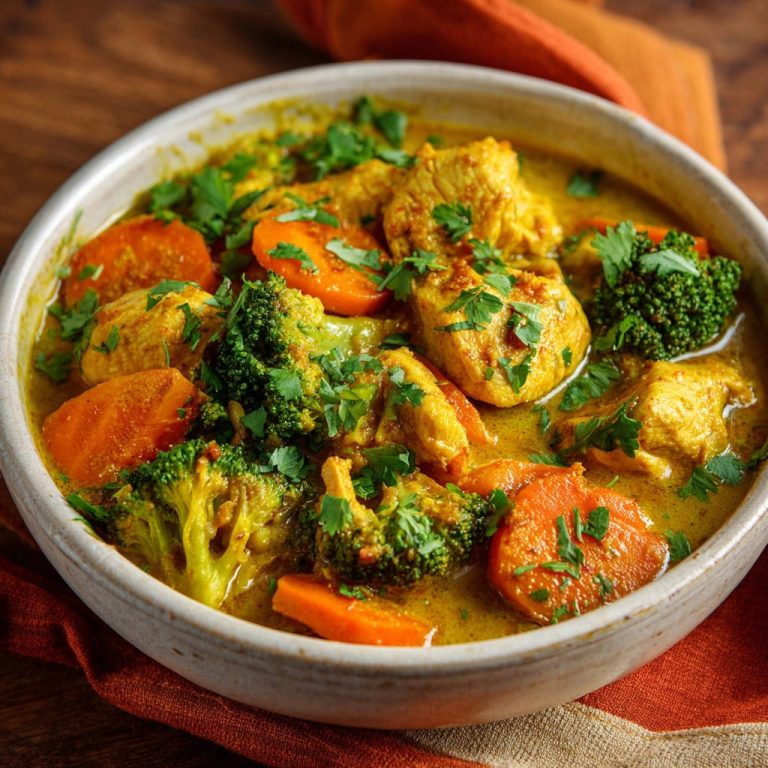 Cremiges Hähnchen-Brokkoli-Curry, serviert in einer Schüssel, mit frischen Kräutern garniert und von oben fotografiert. Die cremige Sauce umschließt das Gericht.