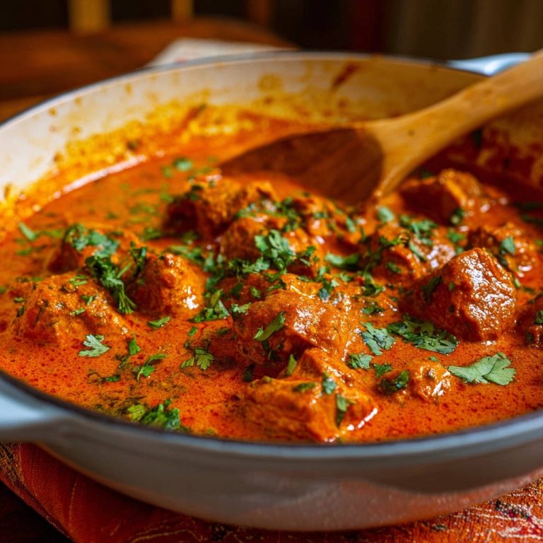 Cremiges Hähnchen Curry in einer Pfanne serviert. Die Nahaufnahme zeigt die saftigen Hähnchenstücke mit einer cremigen, roten Sauce.