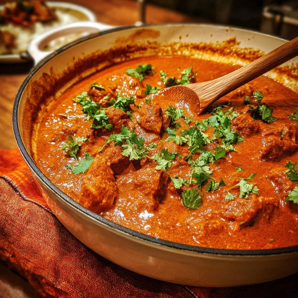Cremiges Huhn Curry Draufsicht Serviert 1 Cremiges Hähnchen Curry, serviert in einer Pfanne, garniert mit frischer Korianderkresse, in einer Nahaufnahme von oben aufgenommen.