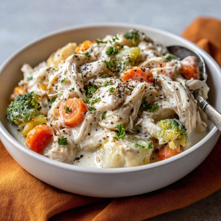 Cremiges Hähnchen-Gemüse-Ragout serviert in einer weißen Schüssel, garniert mit frischer Petersilie und grob gemahlenem Pfeffer.