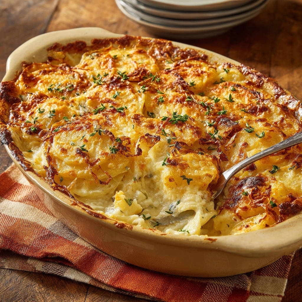 Cremiges Kartoffelgratin Anschnitt Nahaufnahme 1 Cremiges Kartoffelgratin: Eine Nahaufnahme des Auflaufs zeigt die cremige Konsistenz und die goldbraun gebackene Oberfläche. Eine Gabel entnimmt eine Portion.