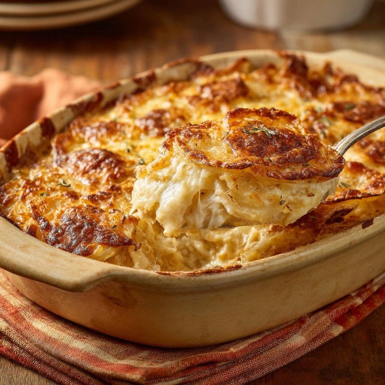 Cremiges Kartoffelgratin: Nahaufnahme eines Löffels, der eine Portion des Auflaufs mit geschmolzenem Käse und Kartoffeln zeigt.
