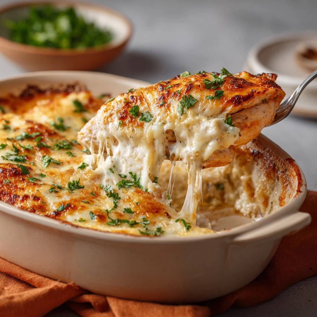Cremiges Ofenhahnchen Kaesekruste Angeschnitten 1 Cremiges Ofenhähnchen mit goldener Käsekruste, angeschnitten, zeigt eine saftige Portion mit geschmolzenem Käse, der sich zieht.
