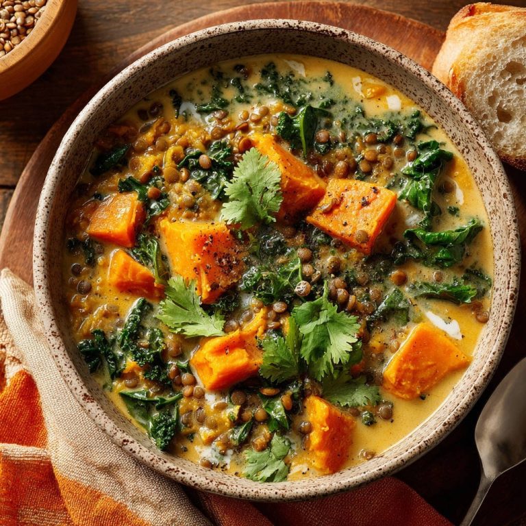 Cremiges Süßkartoffel-Linsen-Curry mit Grünkohl in einer Schüssel von oben gesehen, mit frischen Kräutern garniert und serviert.