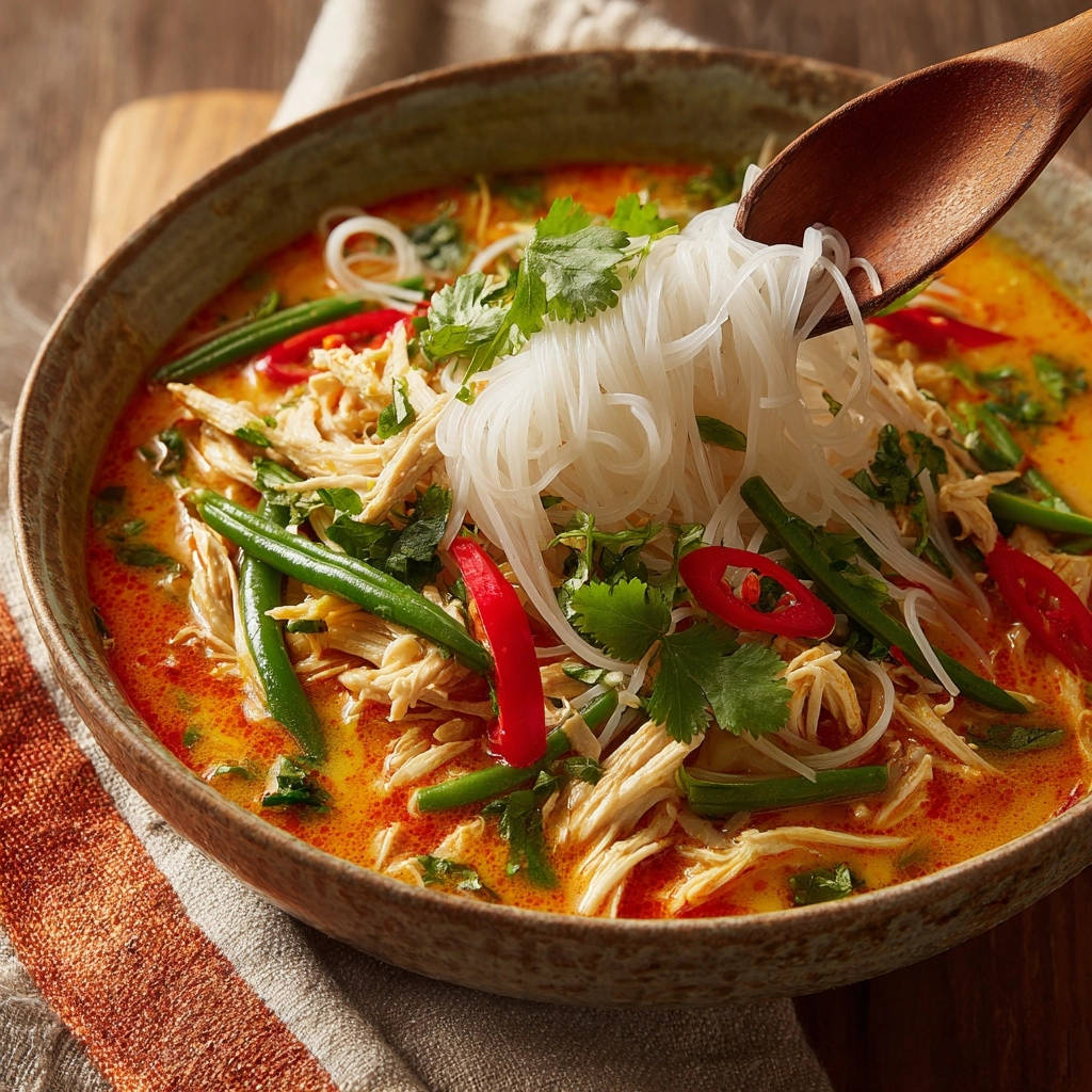 Curry Huhn Nudelsuppe Mit Bohnen Nudeln Auf Loeffel 1 Curry-Hähnchen-Nudelsuppe mit grünen Bohnen: Eine Nahaufnahme zeigt Nudeln, die von einem Holzlöffel aus der leckeren Suppe gehoben werden.