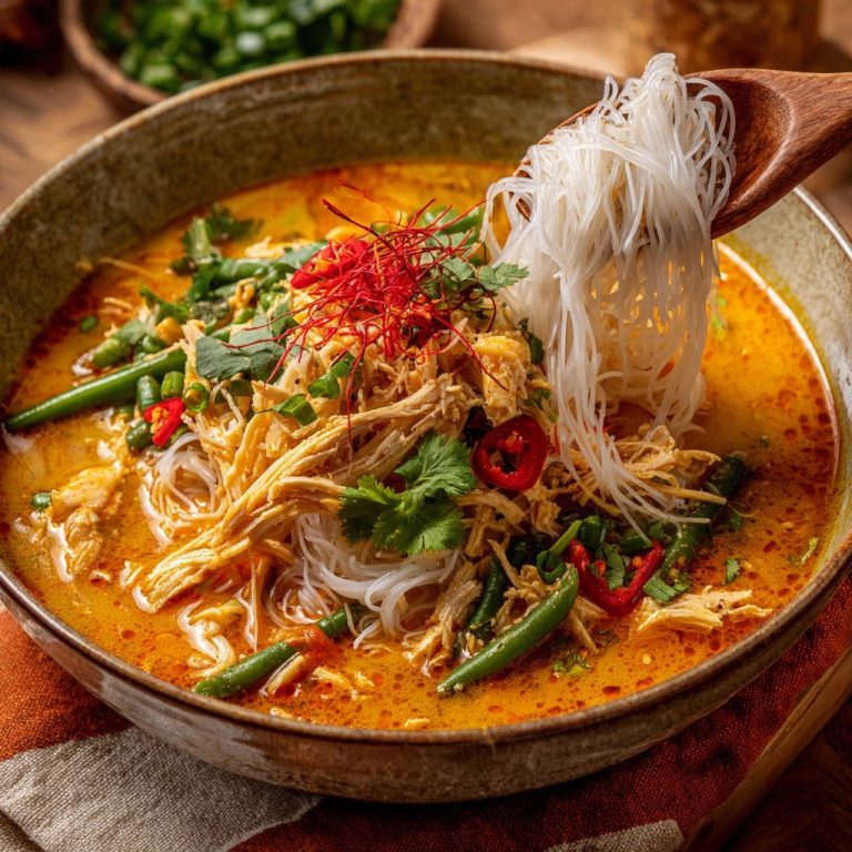 Curry-Hähnchen-Nudelsuppe mit grünen Bohnen mit Nudeln, die von einem Holzlöffel aus dem Gericht gehoben werden, garniert mit Chili.