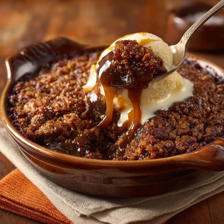 Dekadenter Karamell-Apfel-Crumble mit Vanilleeis in Nahaufnahme: Ein Löffel voll saftigem Crumble mit geschmolzenem Karamell und Eis.