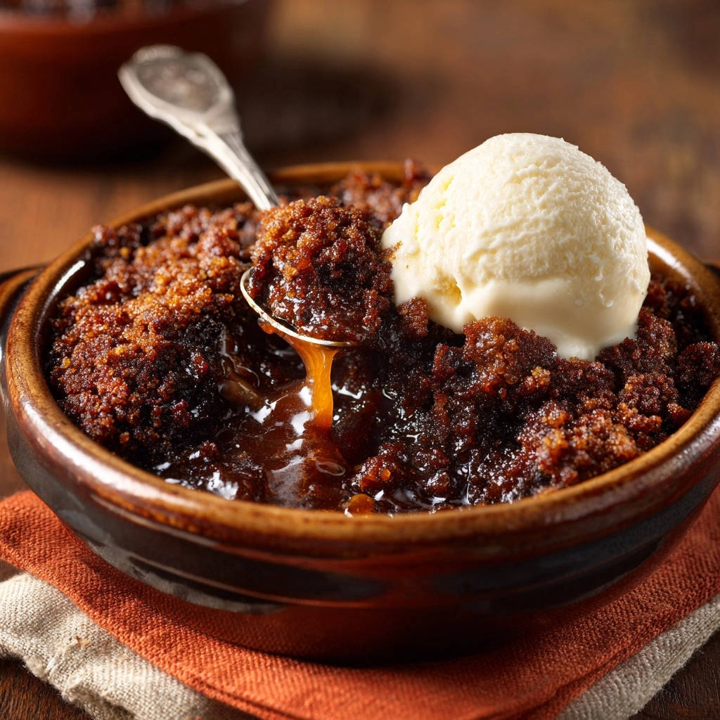 Dekadenter Karamell Apfel Crumble Mit Vanilleeis Naheaufnahm 1 Dekadenter Karamell-Apfel-Crumble mit Vanilleeis in Nahaufnahme: Ein Löffel hebt die klebrige Karamellsauce hervor, die aus dem Auflauf tropft.