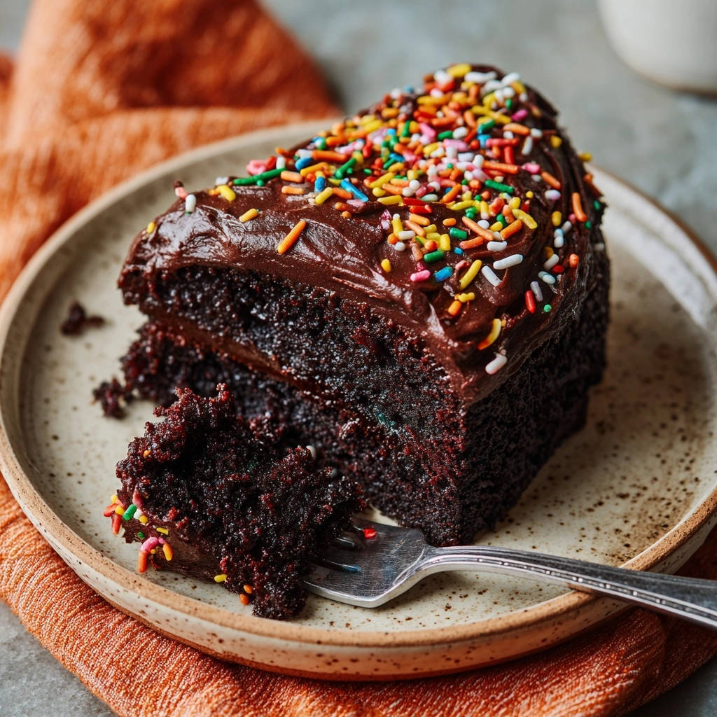 Der Ultimative Schokoladenkuchen Querschnitt 1 Der ultimative Schokoladenkuchen, mit saftiger Textur und Schokoguss, präsentiert im Nahaufnahme-Querschnitt, garniert mit bunten Streuseln.