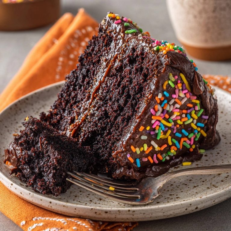 Der ultimative Schokoladenkuchen, angeschnitten, zeigt einen saftigen Querschnitt mit Schokoguss und bunten Streuseln.