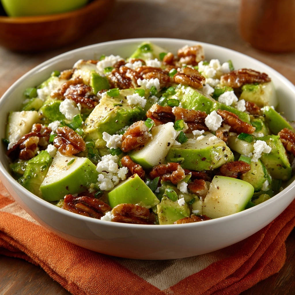 Frischer Apfel Avocado Pecan Salat Draufsicht 1 Frischer Apfel-Avocado-Pecan-Salat in einer weißen Schüssel von oben gesehen, mit knackigen Pekannüssen und cremigem Ziegenkäse.