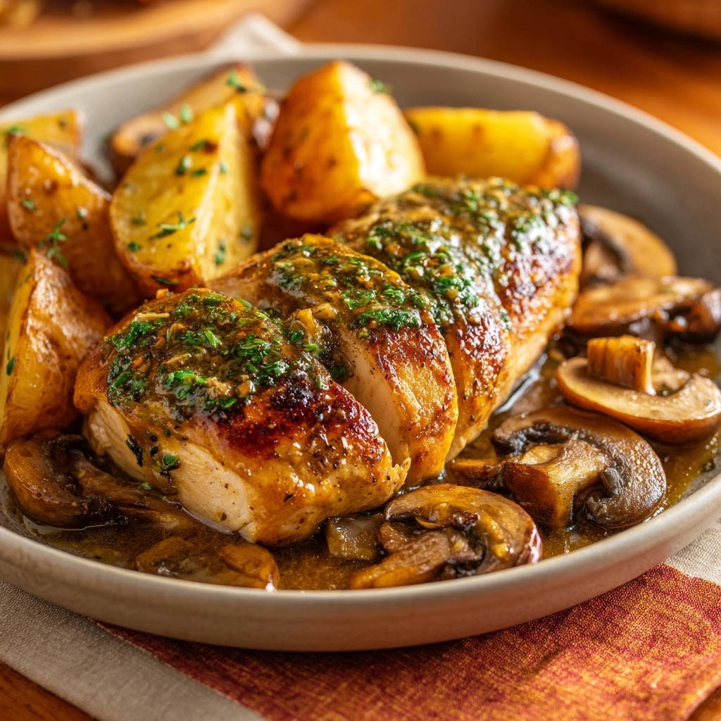 Gebratene Hahnchenbrust Mit Pilzsosse Serviert 1 Gebratene Hähnchenbrust mit Pilzsoße, serviert mit Kartoffelspalten und Champignons, präsentiert in einer Nahaufnahme auf einem Teller.