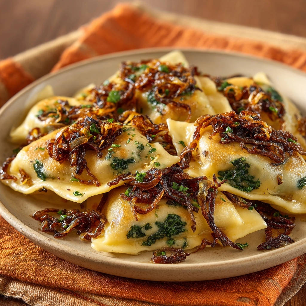 Gebratene Spinat Maultaschen Serviert 1 Gebratene Spinat-Maultaschen serviert auf einem Teller, bedeckt mit knusprigen Röstzwiebeln, bereit zum Genießen.
