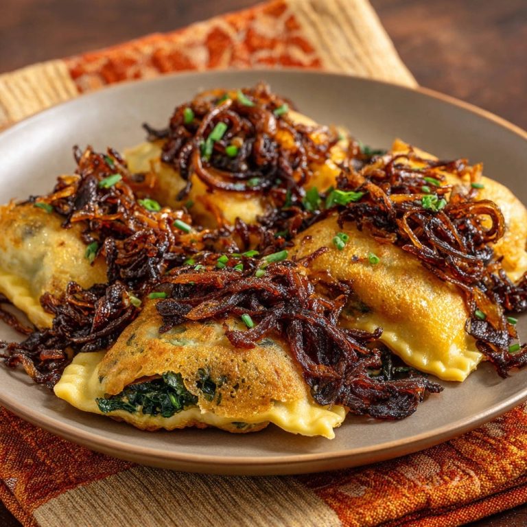 Gebratene Spinat-Maultaschen serviert mit knusprigen Röstzwiebeln, auf einem Teller angerichtet und mit frischen Kräutern garniert.
