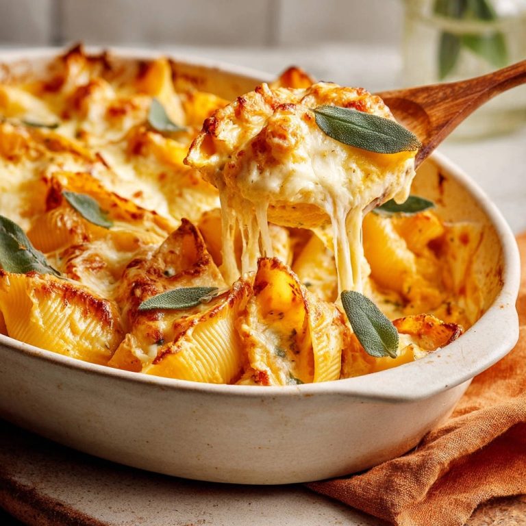 Gefüllte Conchiglioni aus dem Ofen, mit Käse überbacken, mit einem Holzlöffel serviert. Der Käse zieht sich verführerisch in die Länge.