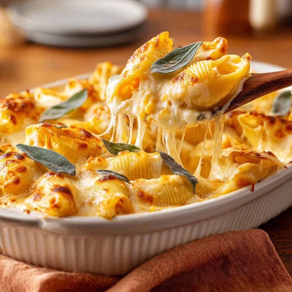 Gefuellte Conchiglioni Aus Dem Ofen Nahaufnahme Kaese 1 Gefüllte Conchiglioni aus dem Ofen mit geschmolzenem Käse in Nahaufnahme, der sich von einer Holzschöpfkelle zieht. Die saftigen Nudeln sind mit Salbeiblättern garniert.