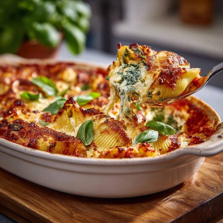 Gefüllte Pasta-Muscheln mit Spinat-Ricotta: Eine Nahaufnahme zeigt die cremige Füllung, die aus der Auflaufform herausgelöffelt wird.