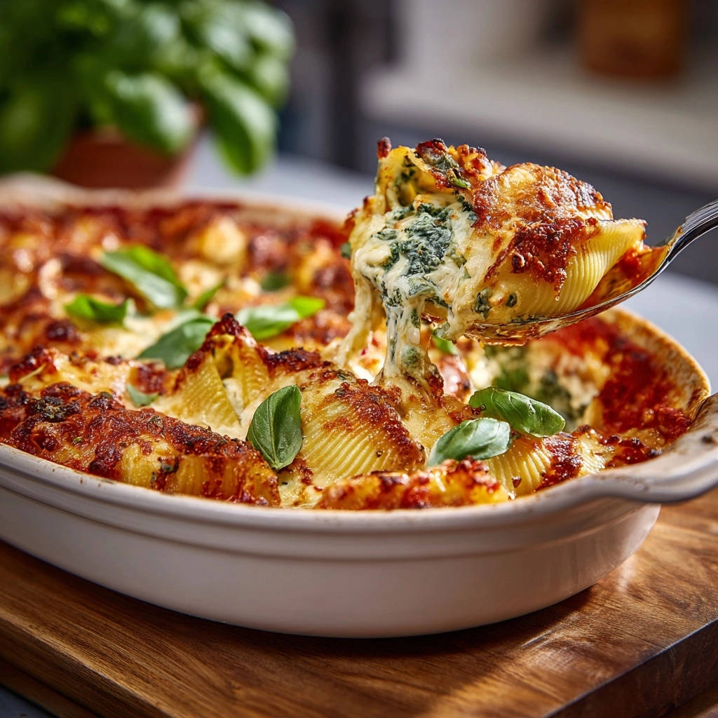 Gefüllte Pasta-Muscheln mit Spinat-Ricotta: Eine Nahaufnahme zeigt die cremige Füllung, die aus der Auflaufform herausgelöffelt wird.