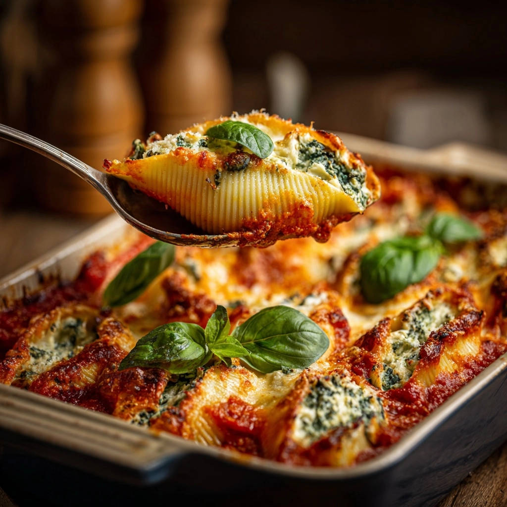 Gefuellte Pasta Muscheln Spinat Ricotta Serviert Auf Loeffel 1 Gefüllte Pasta-Muscheln mit Spinat-Ricotta werden auf einem Löffel serviert, wodurch die cremige Füllung und die saftige Tomatensauce zu sehen sind.