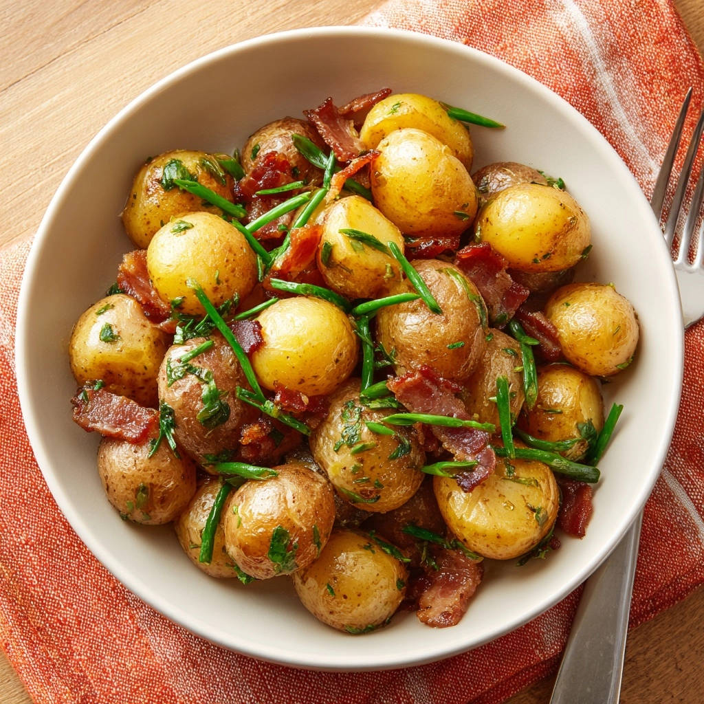 Goldbraune Gluckskartoffeln Mit Krossem Speck Draufsicht 1 Goldbraune Glückskartoffeln mit krossem Speck, von oben gesehen, serviert in einer cremefarbenen Schüssel mit knusprigem Speck und frischen Kräutern.
