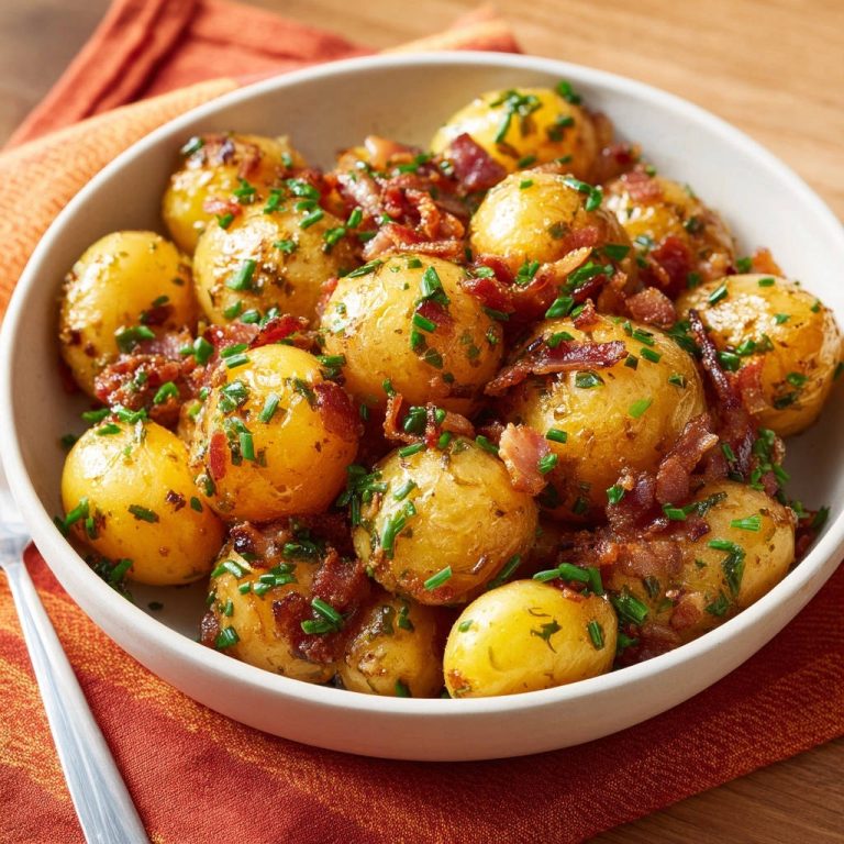Goldbraune Glückskartoffeln mit krossem Speck, von oben gesehen, serviert in einer cremefarbenen Schüssel, garniert mit frischen Kräutern und knusprigem Speck.