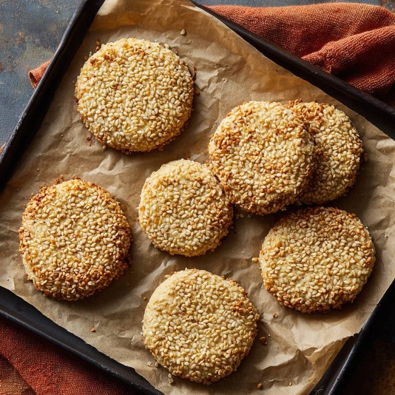 Goldbraune Sesamkekse liegen auf einem Backblech, bedeckt mit goldbraunen Sesamsamen, bereit zum Genießen. Die Kekse sind frisch gebacken und perfekt zubereitet.