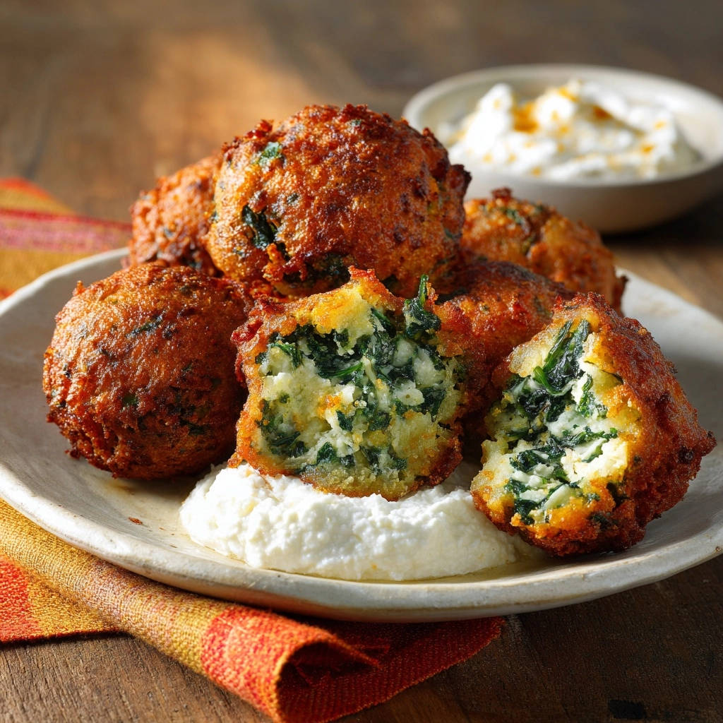 Goldbraune Spinat Kartoffel Baellchen Querschnitt 1 Goldbraune Spinat-Kartoffel-Bällchen mit einem angeschnittenen Ball, der die cremige Spinat-Käse-Füllung zeigt, serviert auf einem Teller.