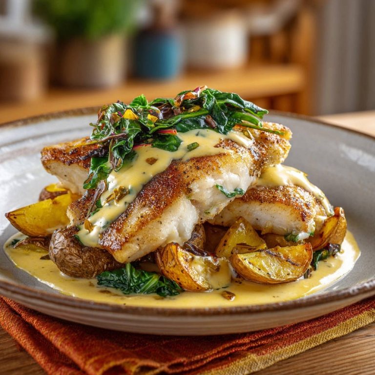 Goldbraunes Fischfilet mit Kräuter-Butter-Soße serviert auf einem Teller, daneben goldbraune Röstkartoffeln und frische Kräuter.