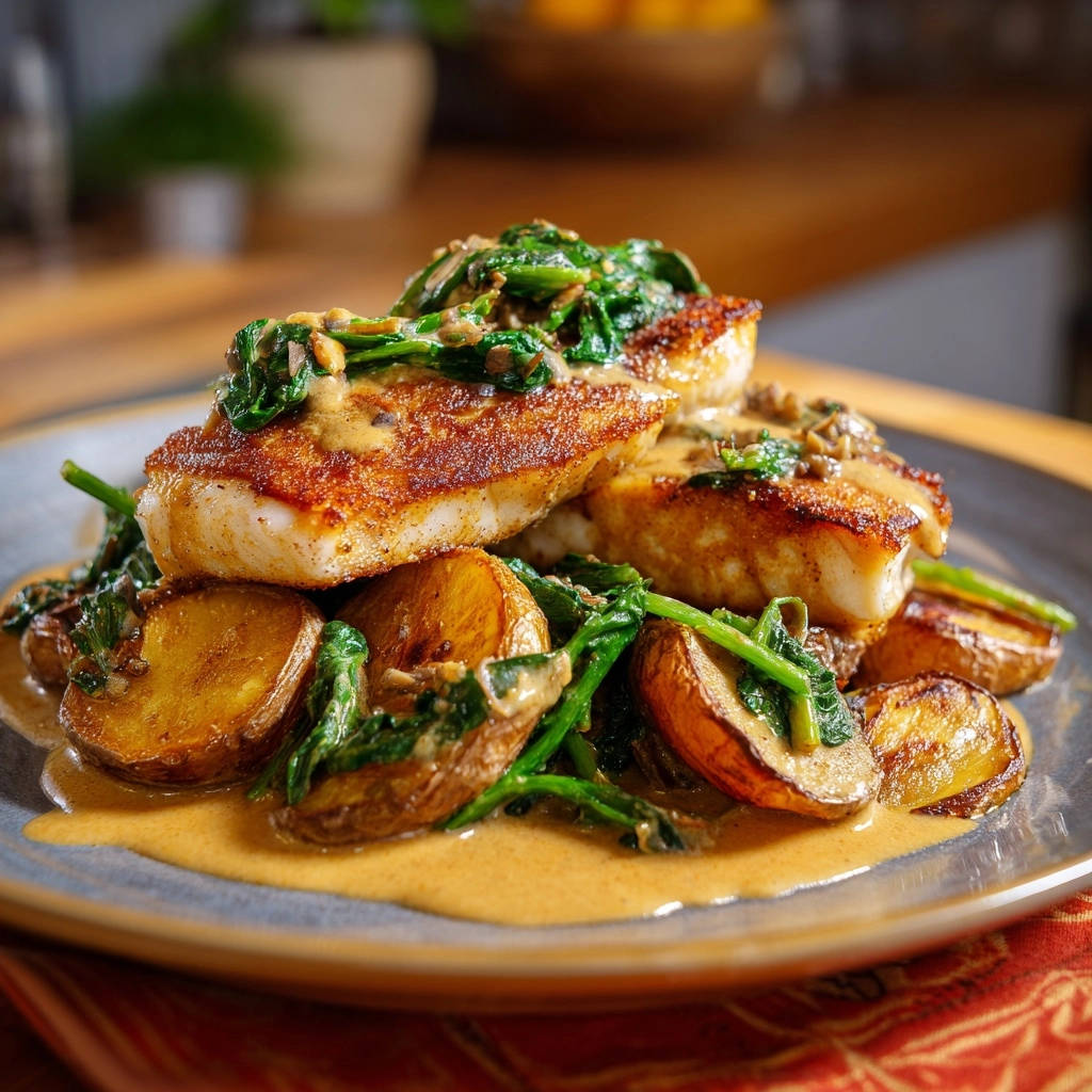 Goldbraunes Fischfilet Mit Serviert 1 Goldbraunes Fischfilet mit Kräuter-Butter-Soße und Röstkartoffeln auf einem Teller serviert, mit frischem Spinat und knusprigen Kartoffeln.