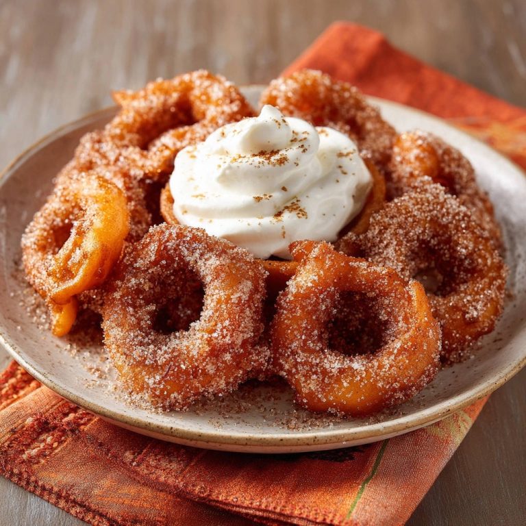Goldene Zimtringe serviert mit einer großzügigen Portion Sahne und Zimt, ein köstliches Dessert. Die knusprigen Ringe sind mit Zucker bestreut.