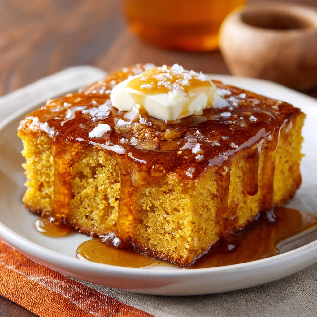 Goldener Saftkuchen Mit Ahornsirup Serviert 1 Goldener Saftkuchen mit Ahornsirup, serviert auf einem Teller. Der Kuchen ist mit Ahornsirup beträufelt und mit Meersalz garniert.