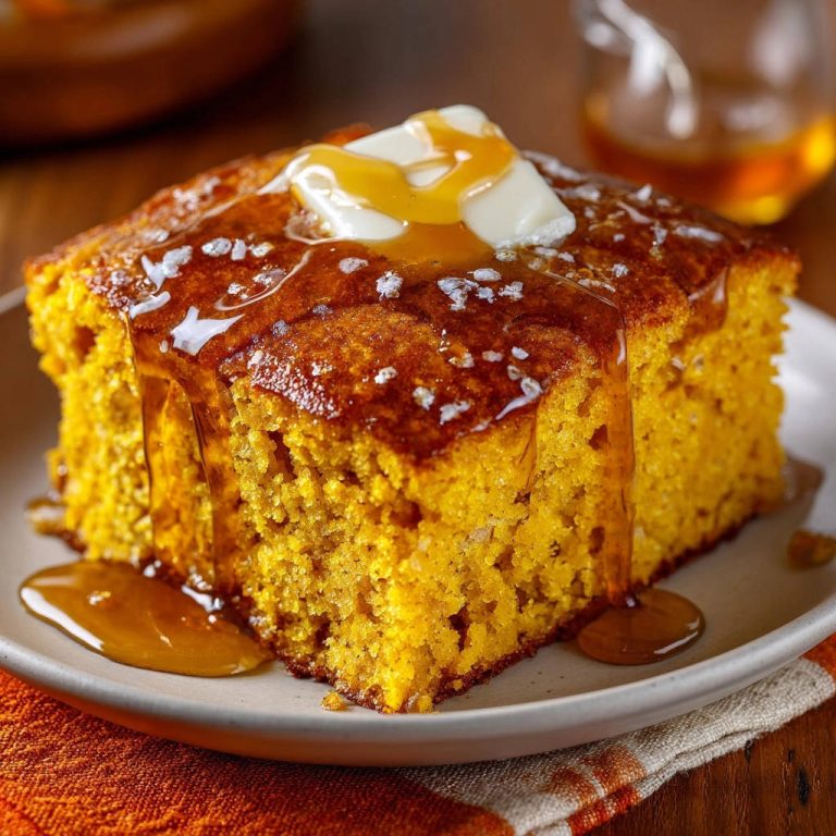 Goldener Saftkuchen mit Ahornsirup und Meersalz: Nahaufnahme eines saftigen Stücks, das auf einem Teller serviert wird, mit goldener Glasur.