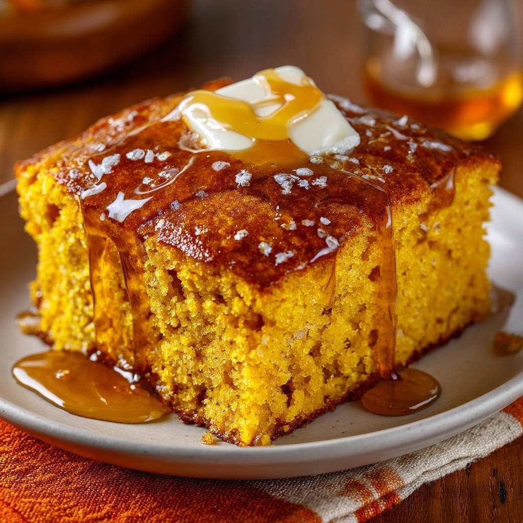 Goldener Saftkuchen mit Ahornsirup und Meersalz: Nahaufnahme eines saftigen Stücks, das auf einem Teller serviert wird, mit goldener Glasur.
