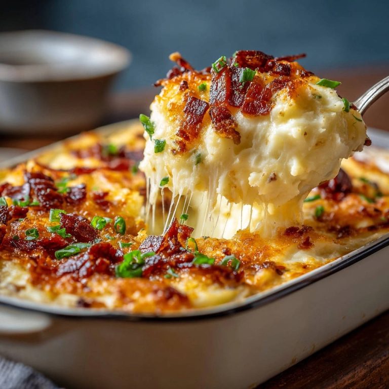 Gratiniertes Käse-Kartoffelpüree mit Bacon-Crunch auf einem Löffel serviert. Cremiges Kartoffelpüree mit geschmolzenem Käse und knusprigem Bacon.