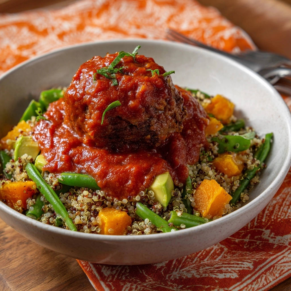 Hackballchen Bowl Mit Quinoa Draufsicht 1 Hackbällchen Bowl mit Quinoa und Ofengemüse in einer Schüssel, serviert von oben. Die saftigen Hackbällchen sind mit Tomatensauce bedeckt.