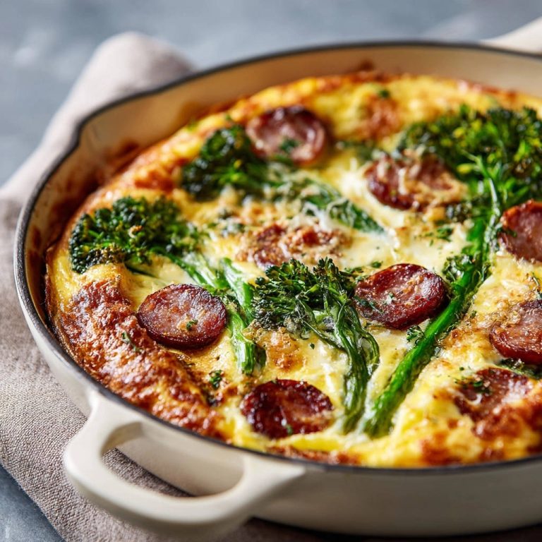 Herzhafte Frittata mit Brokkoli und Wurst in einer Pfanne zubereitet, mit frischem Brokkoli und Wurstscheiben von oben betrachtet.