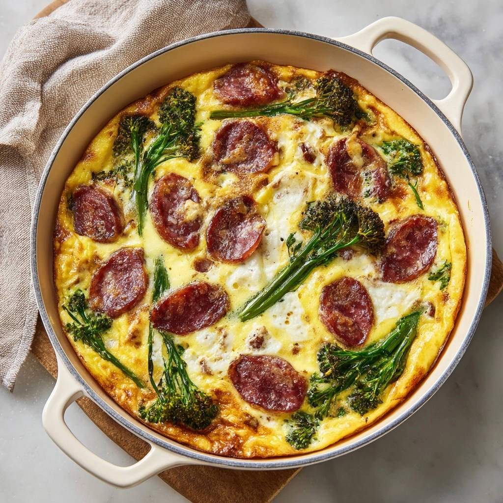 Herzhafte Frittata Mit Brokkoli Und Wurst Draufsicht 1 Herzhafte Frittata mit Brokkoli und Wurst, serviert in einer Pfanne, in einer Nahaufnahme von oben mit knusprigen Würstchenscheiben.