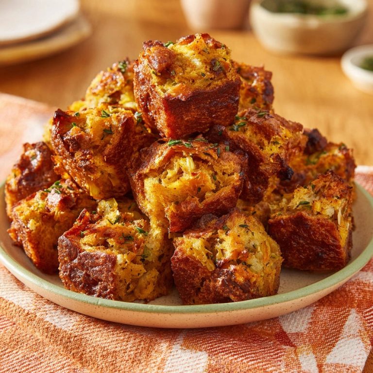 Herzhafte Füllungs-Muffins, serviert auf einem hellen Teller, zeigen eine köstliche Anordnung goldbraun gebackener, saftiger Happen.