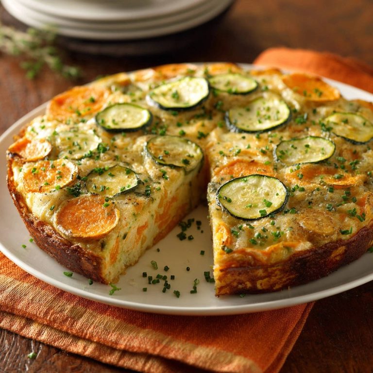Herzhafte Gemüse-Frittata mit einem Anschnitt, der das saftige Innere und die Gemüse-Toppings zeigt. Ein köstliches vegetarisches Gericht, perfekt für jede Mahlzeit.