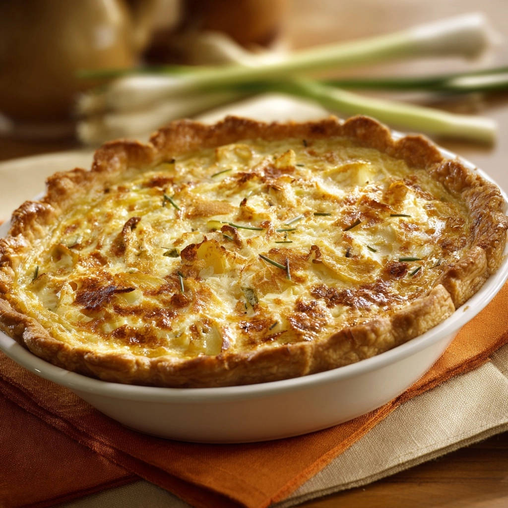 Herzhafte Kartoffel Kase Tarte Nahaufnahme 1 Herzhafte Kartoffel-Käse-Tarte in einer weißen Auflaufform, mit einem Nahaufnahme-Blick auf die goldbraune Kruste und Füllung.