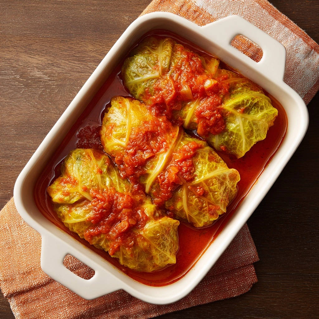 Herzhafte Kohlrouladen Draufsicht Fertig Gegart 1 Herzhafte Kohlrouladen in einer Auflaufform, serviert und mit Tomatensauce bedeckt, bereit zum Genießen. Die fertigen Rouladen sind von oben zu sehen.