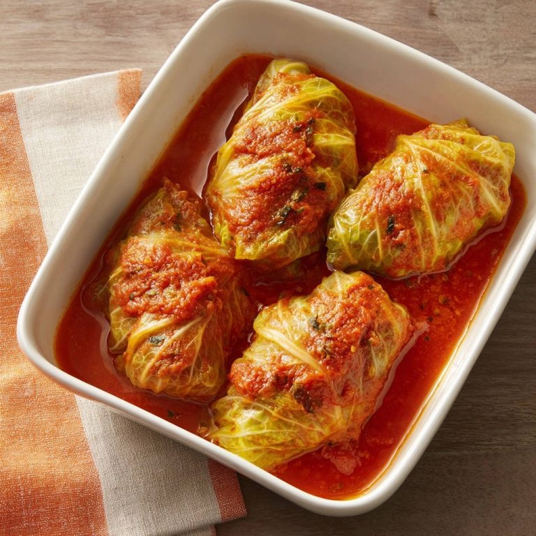 Herzhafte Kohlrouladen in einer weißen Auflaufform serviert, bedeckt mit reichhaltiger Tomatensauce und frisch garniert. Ein deftiges Gericht.