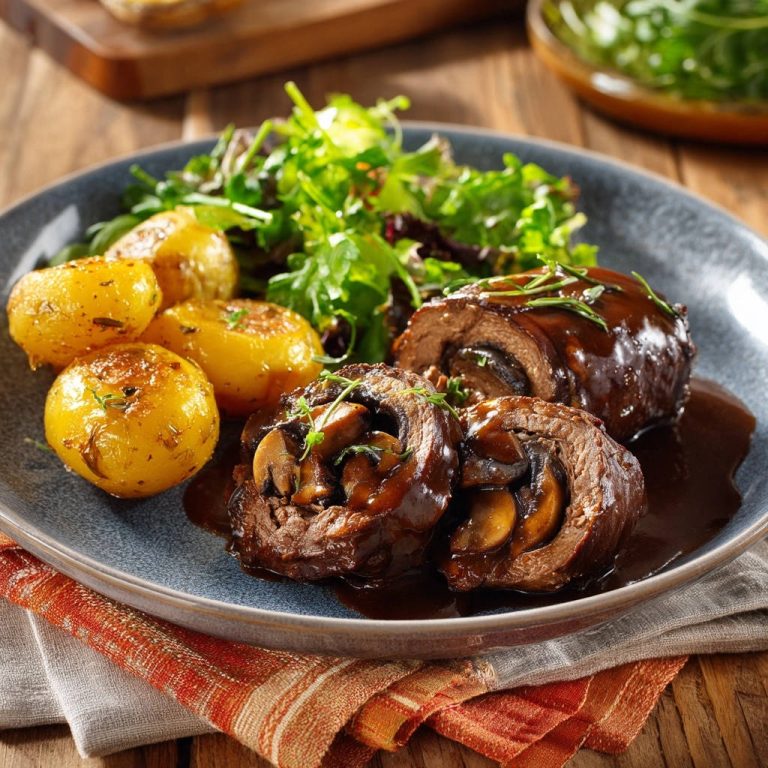 Herzhafte Pilz-Rouladen serviert mit Kräuterkartoffeln und frischem Salat, die saftige Füllung der Rouladen ist in diesem Nahaufnahme gut zu sehen.