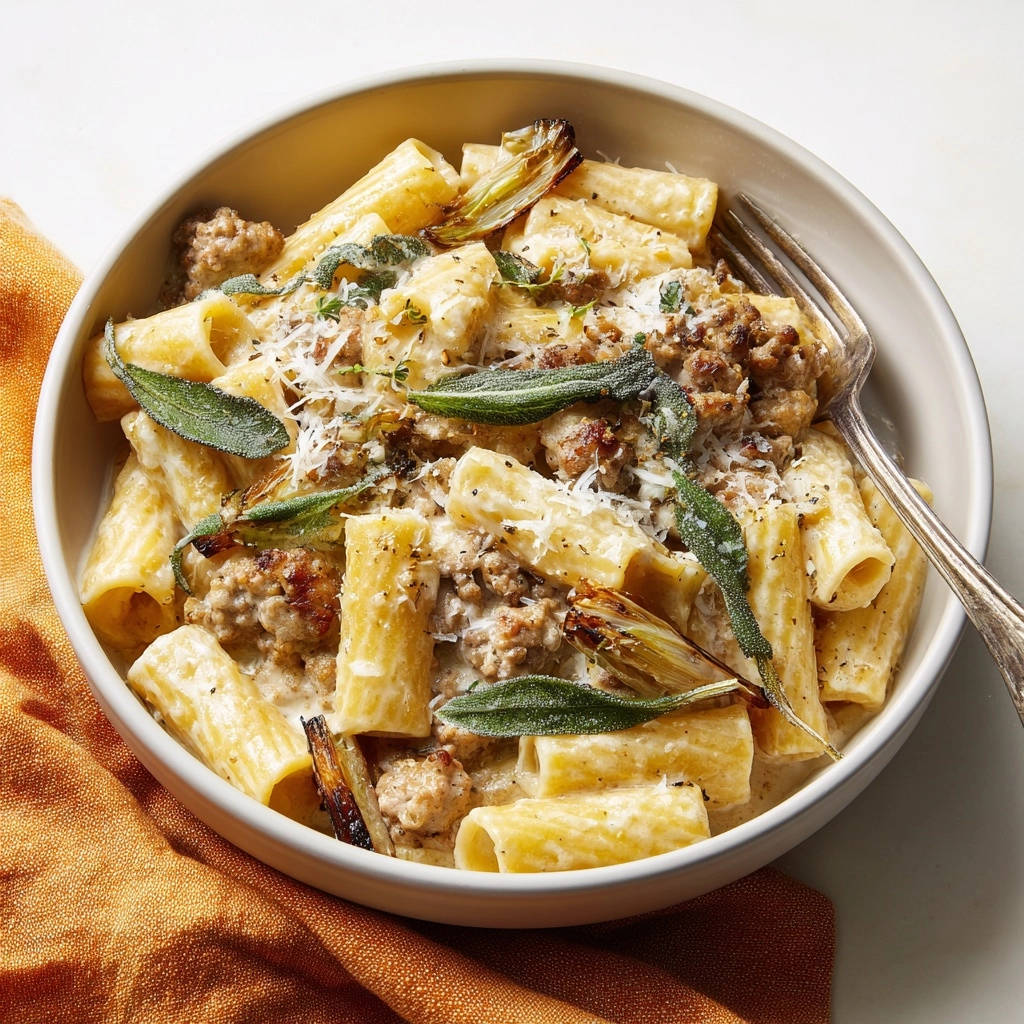Herzhafte Rigatoni Hack Salbei Ragu Draufsicht Serviert 1 Herzhafte Rigatoni mit Hack-Salbei-Ragù, serviert in einer cremigen Soße, garniert mit frischem Salbei und geriebenem Käse, von oben betrachtet.