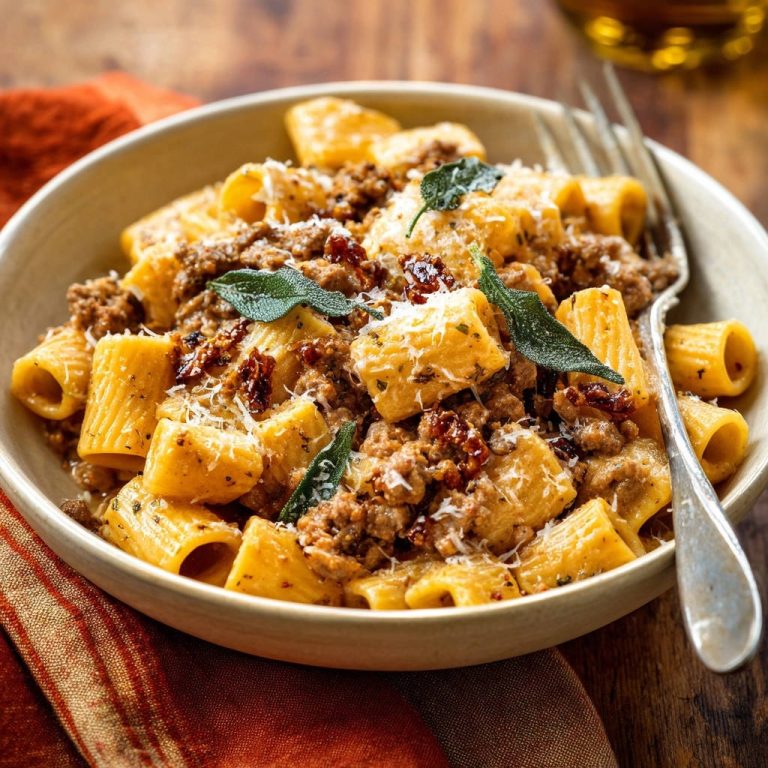 Herzhafte Rigatoni mit Hack-Salbei-Ragù serviert in einer cremigen Schüssel, garniert mit Salbei und geriebenem Käse.