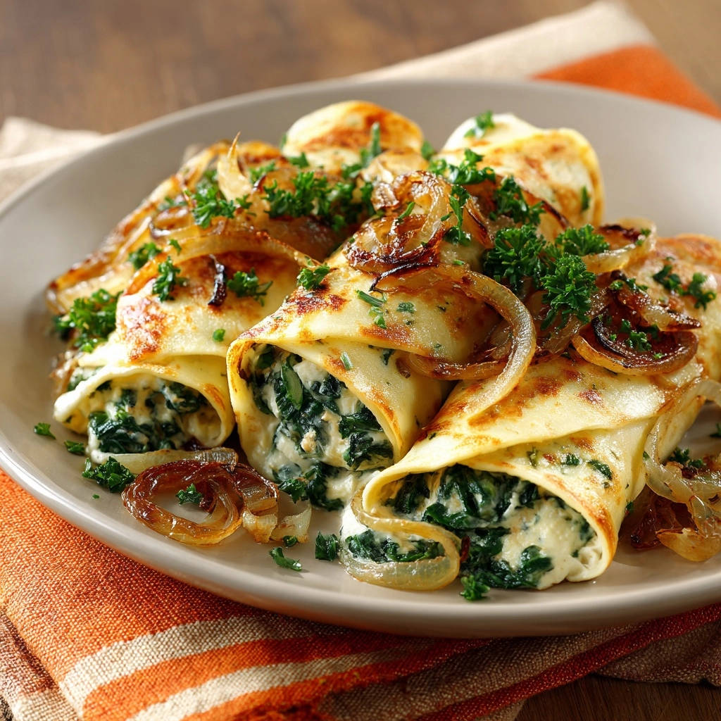 Herzhafte Spinat Ricotta Crepes Roellchen Serviert 1 Herzhafte Spinat-Ricotta-Crêpes Röllchen serviert auf einem hellen Teller, garniert mit Karamellzwiebeln und frischer Petersilie.