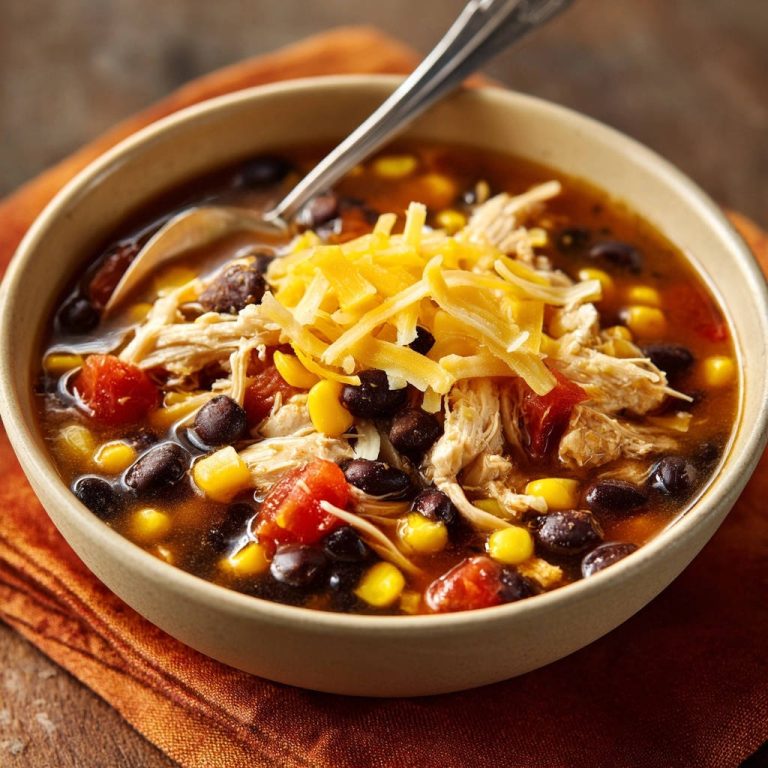 Herzhafte Tex-Mex Hähnchen-Bohnen-Suppe in Nahaufnahme, dampfend heiß und mit Käse garniert, serviert in einer rustikalen Schale.